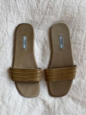 Vintage Prada Croc Crocodile Leather Strap Satin Slide Sandals Olive Green Beige